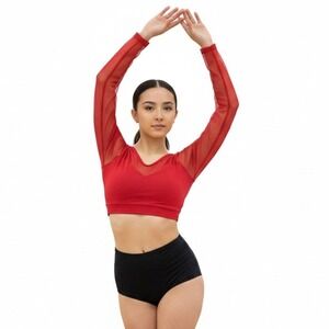 CM Baltogs 2 piece Dance set Red Long Sleeve Crop Top Black High Waist Brief CM